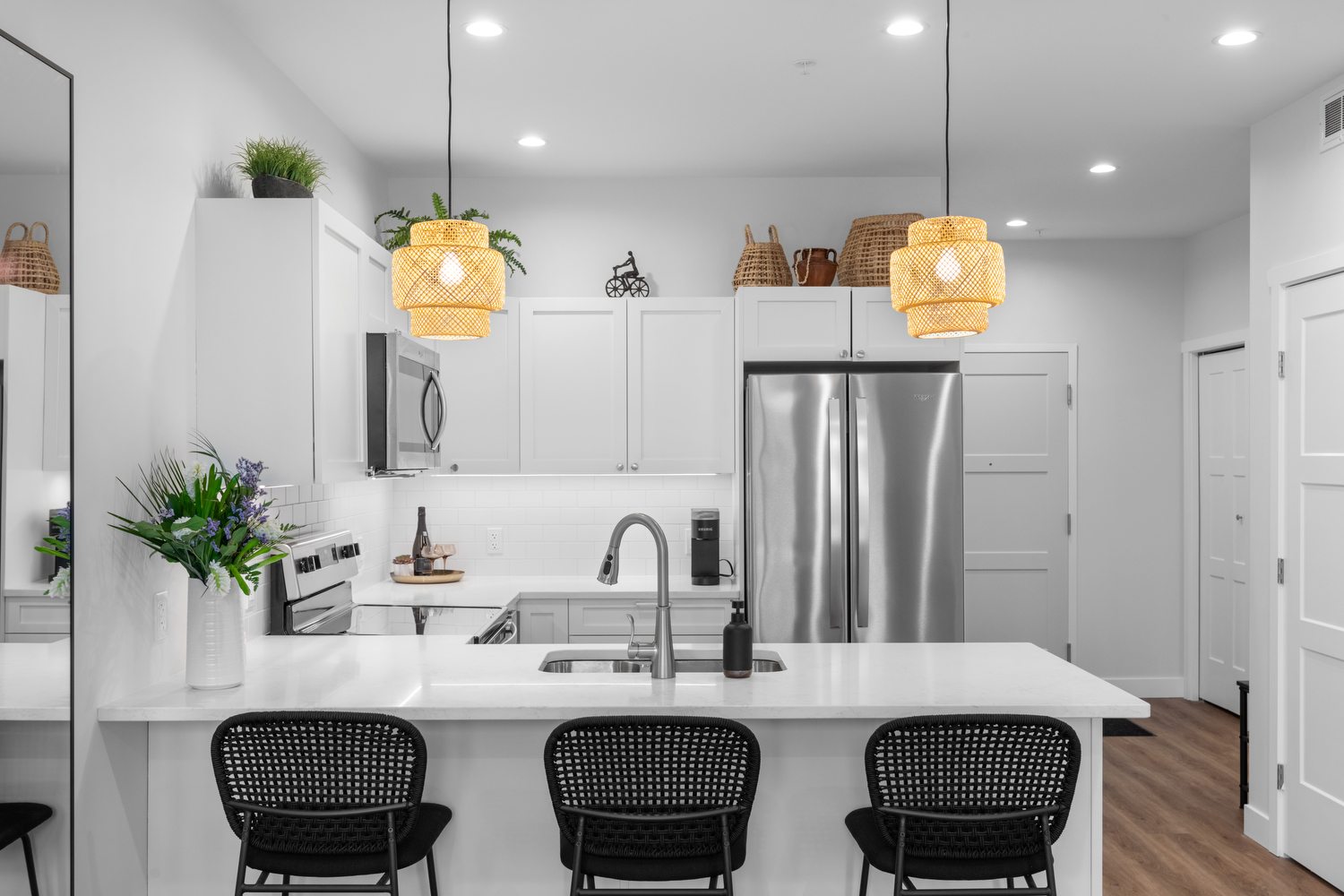 Chef's Kitchen Island with Woven Pendants